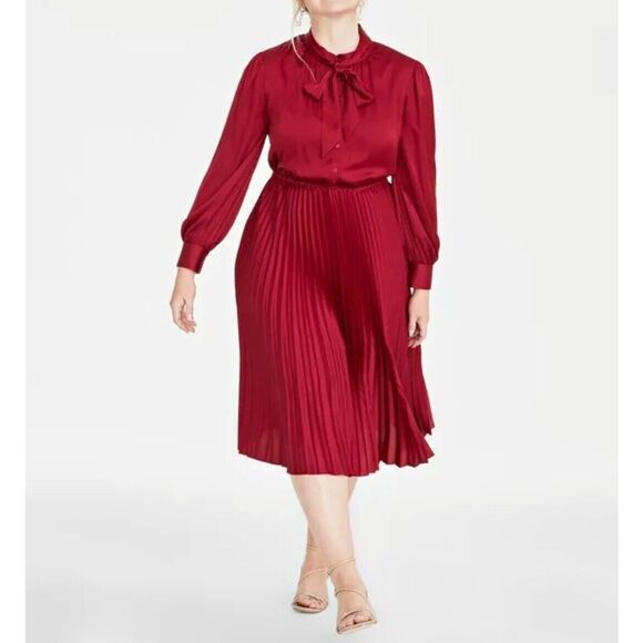 On 34th Women's Tie Neck Long-sleeved Pleated Midi Dress Size Large NWOT - Picture 1 of 8